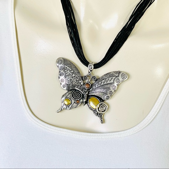 TRIBAL BUTTERFLY NECKLACE multi textured multi metal layered cord chain ARTISAN - Picture 11 of 12